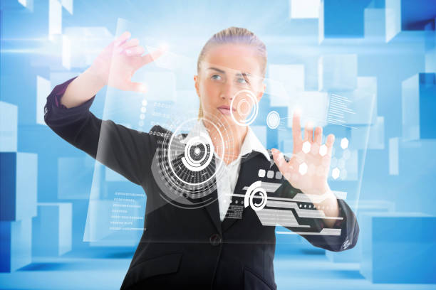istock Blonde businesswoman touching interface 810010888