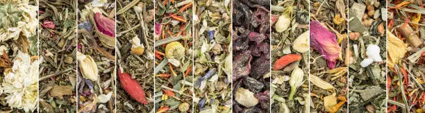 Chinese herbal blend tea collection - a collage of macro background images