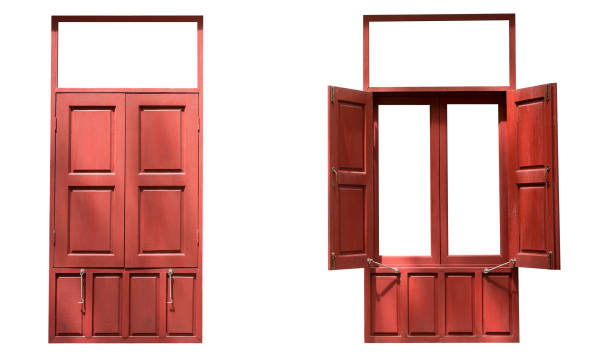 istock Two red wood twin windows one open one close isolated on white background with clipping path 810055874