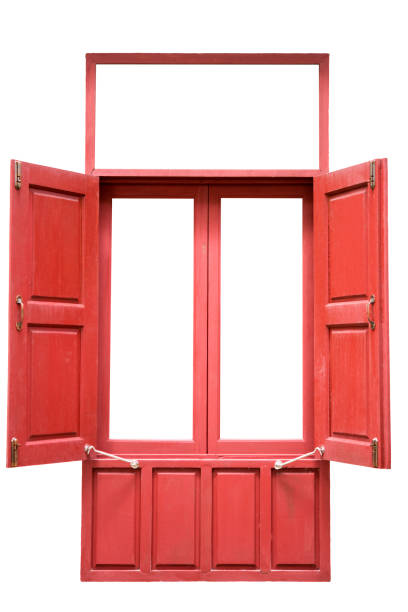istock Old red wood twin window open isolated on white background 810055920