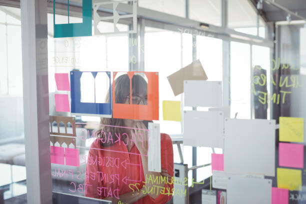 istock Businesswoman seen through adhesive notes on glass 810057000
