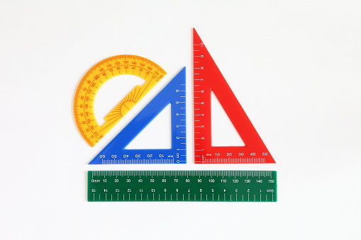 Colorful school tools, triangle, ruler, protractor