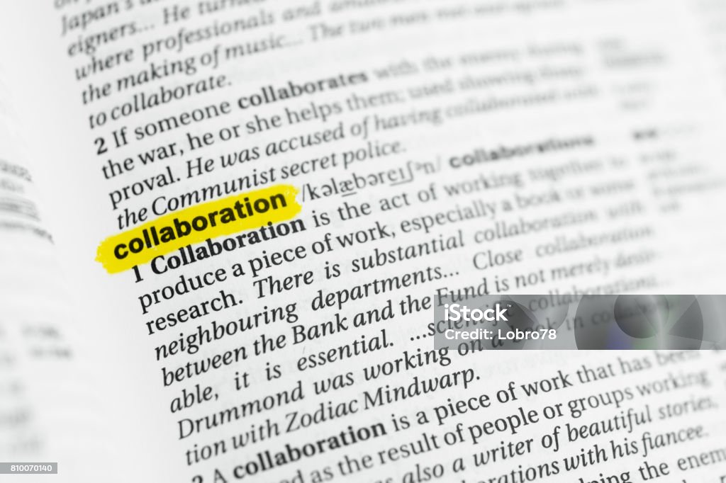 Highlighted English word "collaboration" and its definition Highlighted English word "collaboration" and its definition at the dictionary. Advice Stock Photo