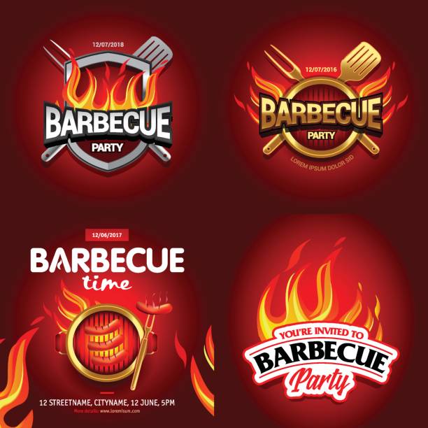 bbq 4 kolorowe wzory plakatów, projekt imprezy, zaproszenie, projekt reklamy. logo grilla. projekt menu szablonu bbq. grill ulotka żywności. reklama grilla. - party barbecue grill dinner barbecue stock illustrations