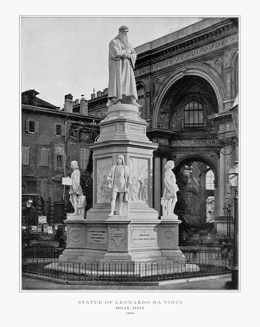 Antique Italian Photograph: Statue of Leonardo Da Vinci, Milan, Italy, 1893. Source: Original edition from my own archives. Copyright has expired on this artwork. Digitally restored.