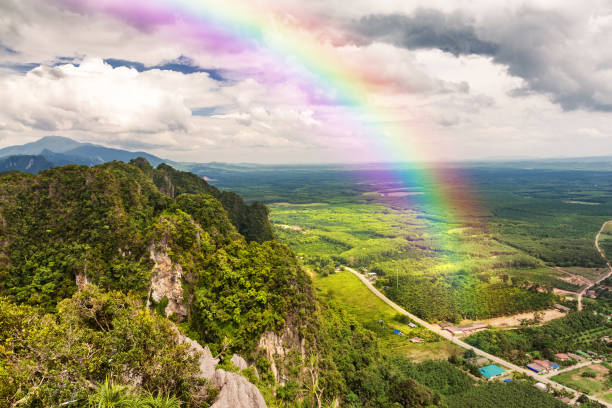 istock Beautiful landscape with cloudy blue sky and rainbow 810081732