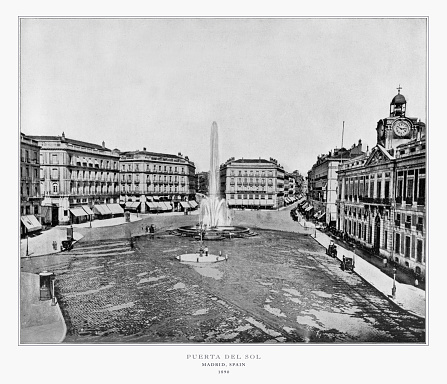 Antique Spanish Photograph: Puerta Del Sol, Madrid, Spain, 1893. Source: Original edition from my own archives. Copyright has expired on this artwork. Digitally restored.