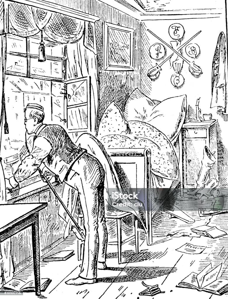 Student in his untidy booth looks out the window Illustration from 19th century 1880-1889 stock illustration