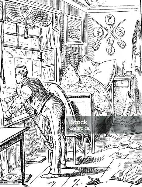 Student In His Untidy Booth Looks Out The Window Stock Illustration - Download Image Now - 1880-1889, 1899, 19th Century