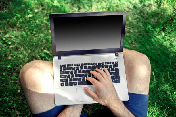 istock Young blogger sitting on grass and working with laptop 810113524