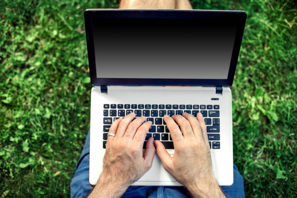 istock Young blogger sitting on grass and working with laptop 810113698