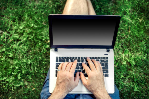 istock Young blogger sitting on grass and working with laptop 810113856