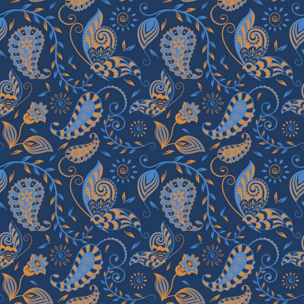ilustrações, clipart, desenhos animados e ícones de seamless_paisley_floral_vine_butterfly_repeat_pattern_gold_blue_on_navy_background - textile blue leaf paisley