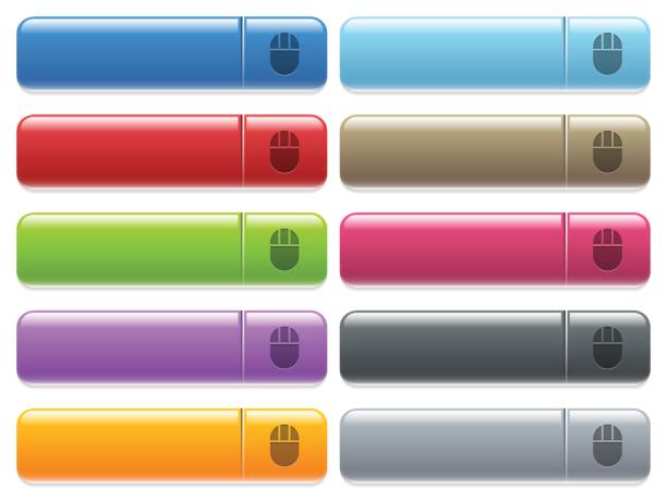Three buttoned computer mouse icons on color glossy, rectangular menu button Three buttoned computer mouse engraved style icons on long, rectangular, glossy color menu buttons. Available copyspaces for menu captions. infra shape stock illustrations