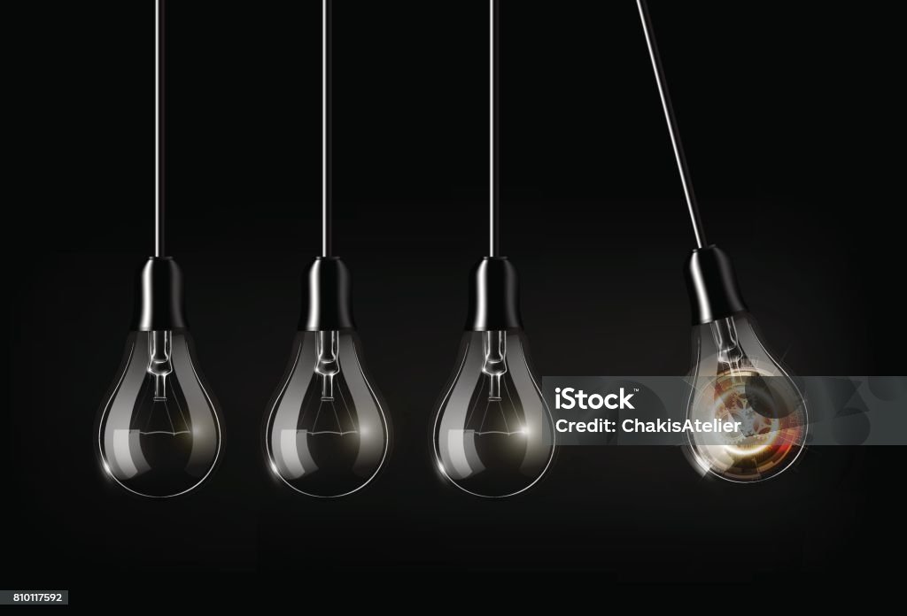 Glowing light bulb, turned off light bulbs, perpetual Motion concept Glowing abstract futuristic light bulb technology among turned off light bulbs on dark background, perpetual Motion concept, an analogy with Newton's cradle, vector illustration Crib stock vector