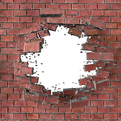 3d render, 3d illustration, explosion, cracked red brick wall, bullet hole, destruction, abstract background