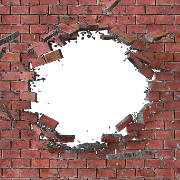 istock 3d render, 3d illustration, explosion, cracked red brick wall, bullet hole, destruction, abstract background 810117888