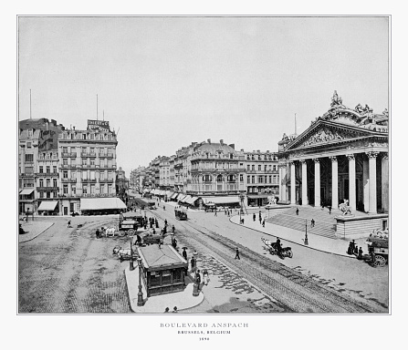 Antique Belgium Photograph: Boulevard Anspach, Brussels, Belgium, Holland, 1893. Source: Original edition from my own archives. Copyright has expired on this artwork. Digitally restored.