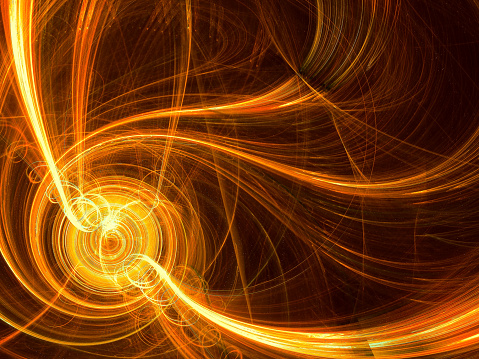 Golden background: swirl and glowihg threads. Abstract computer-generated image - wavy fractal backdrop for covers, web design, posters.