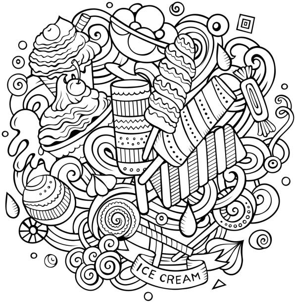 Cartoon hand-drawn doodles Ice Cream illustration Cartoon hand-drawn doodles Ice Cream illustration. Line art detailed, with lots of objects vector design background frozen coloring pages stock illustrations