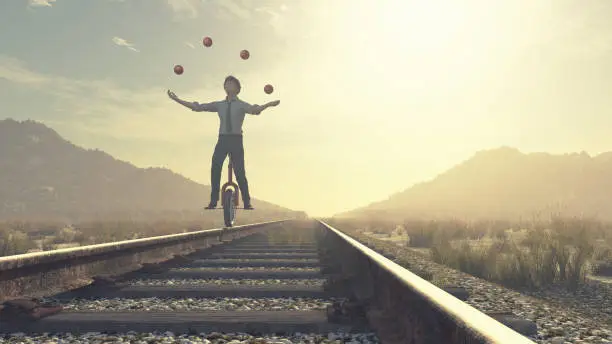 Juggler is balancing on railroad with a bike and balls. This is a 3d render illustration
