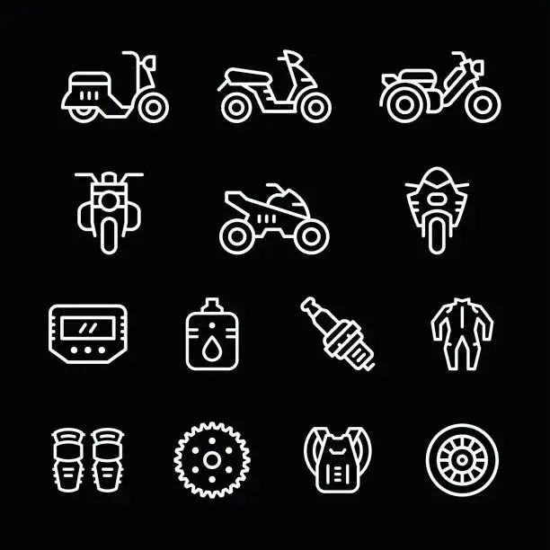 Vector illustration of Set of motorcycle related line icons