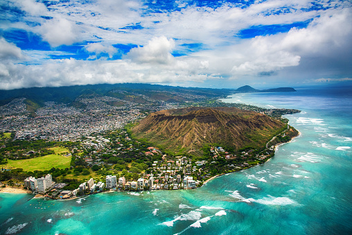 Aerial view of the now dormant volcano, Diamond Head, located in Honolulu Hawaii.