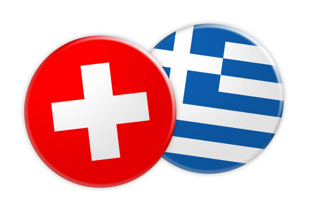 news concept: szwajcaria flag button na grecja flag button, 3d ilustracja na białym tle - switzerland flag computer graphic digitally generated image zdjęcia i obrazy z banku zdjęć