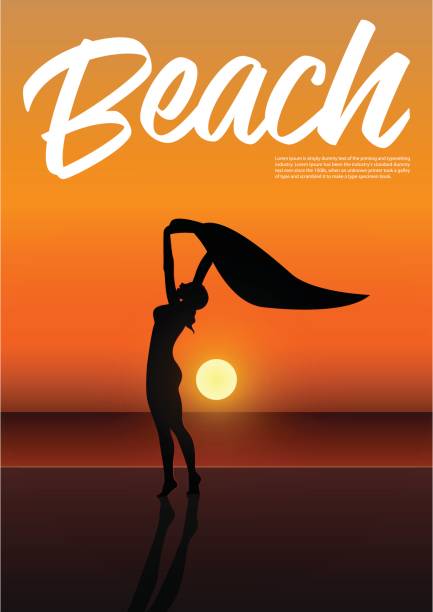 ilustrações, clipart, desenhos animados e ícones de silhueta de garota sexy segurando o cachecol acima da cabeça na praia ao pôr do sol. paisagem da praia do sol. cartaz de férias de praia. vector. - swimwear vector non urban scene text