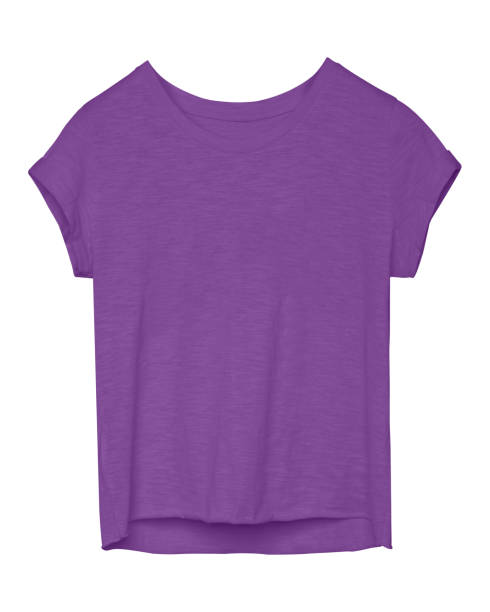 Violet color empty women tee shirt with torn edges isolated