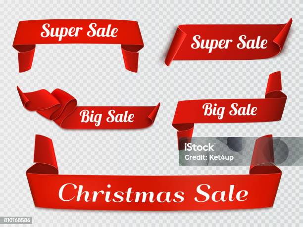Set Of Five Red Realistic Sale Paper Banners Isolated Stock Illustration - Download Image Now