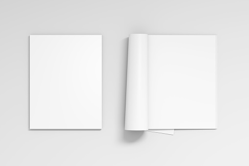 Blank white magazine with glossy paper on white background. Open and closed, isolated with clipping path around each magazine. 3d illustration