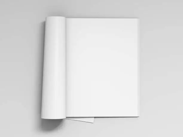 Blank white magazine pages with glossy paper isolated on white background include clipping path around magazine. 3d illustration