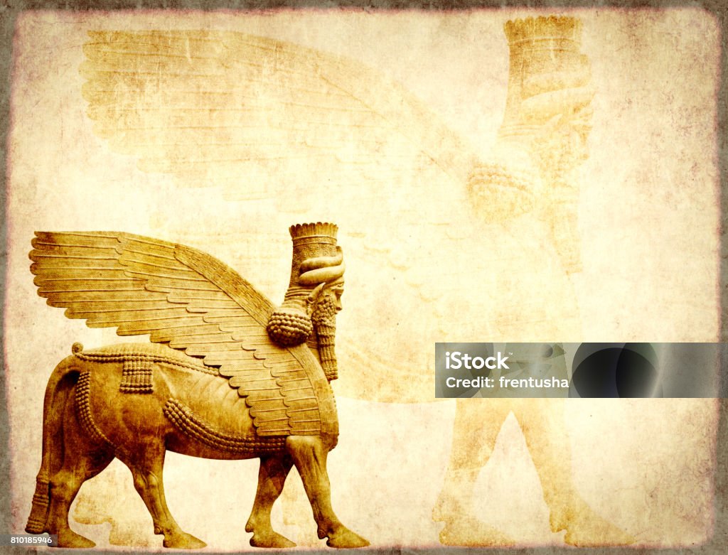 Grunge background with paper texture and lamassu Grunge background with paper texture and lamassu - human-headed winged bull statue, Assyrian protective deity Mesopotamian Stock Photo
