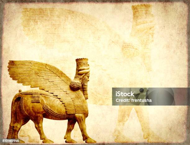 Grunge Background With Paper Texture And Lamassu Stock Photo - Download Image Now - Mesopotamian, Mystery, Hillah