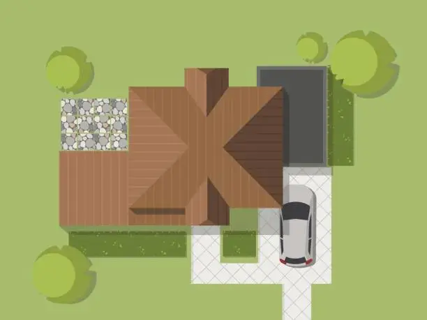 Vector illustration of Top view of a country with house, courtyard, lawn and garage. Top view of a house. Vector illustration.