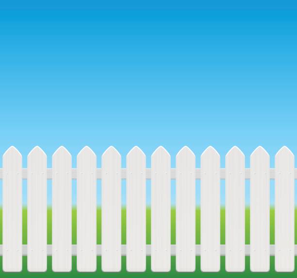 White picket fence, comic style, wooden texture - seamless expandable - isolated vector illustration on green to sky blue gradient. White picket fence, comic style, wooden texture - seamless expandable - isolated vector illustration on green to sky blue gradient. blunt stock illustrations