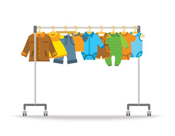 детская одежда на вешалке стойка вектор плоская иллюстрация - child clothing arrangement hanger stock illustrations