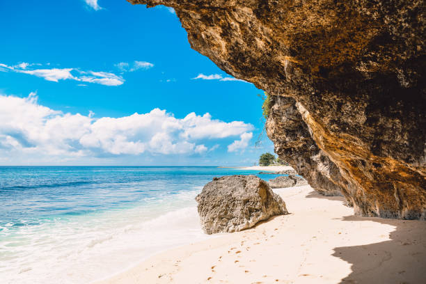 istock Tropical beach in Bali. Blue sky and rocks on beach 810237660