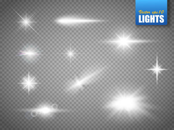 illustrazioni stock, clip art, cartoni animati e icone di tendenza di effetto luci incandescenti, bagliore, esplosione e stelle. effetto speciale isolato - party background flash