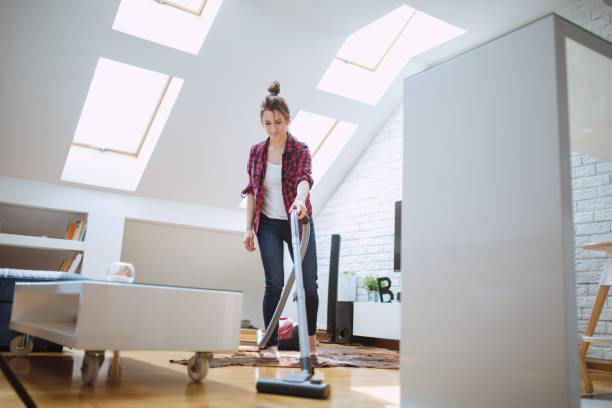 istock Woman cleaning living room 810243068