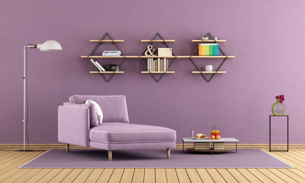Purple living room with chaise lounge and shelves Modern living room with purple chaise lounge and shelves on wall - 3d rendering
 chaise longue stock pictures, royalty-free photos & images