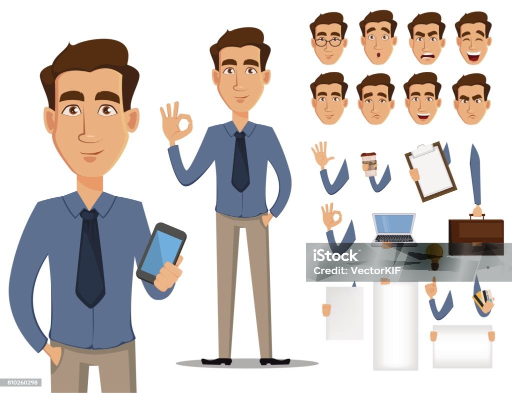 Business man cartoon character creation set. Young handsome smiling businessman in office style clothes. Build your personal design - stock vector Men stock vector