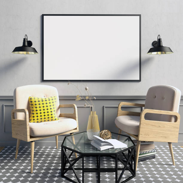 istock 3d illustration, modern interior with frame, poster and chair. poster mock up 810260494