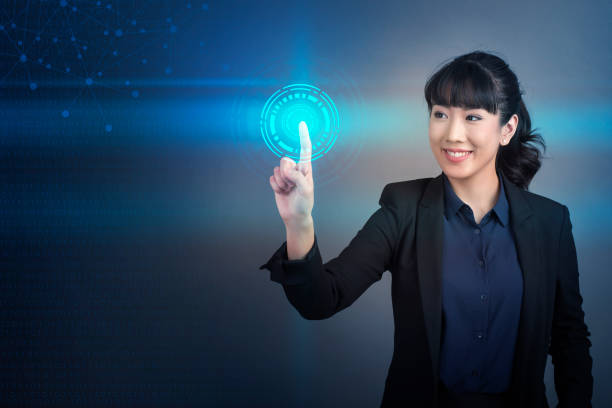 istock Beautiful Business Woman touching technology global communication on virtual screen 810275046