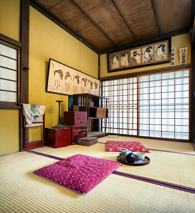 Japanese Edo village hairstylist room movie set at Toei Studios Kyoto on an overcast day.