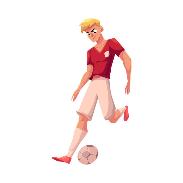 przystojny blond piłka nożna, piłkarz w mundurze drybling piłkę - soccer ball running sports uniform red stock illustrations