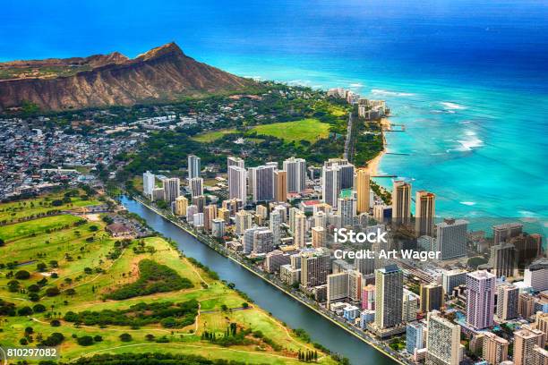 Waikiki And Diamond Head Aerial Stock Photo - Download Image Now - Hawaii Islands, Waikiki, Honolulu