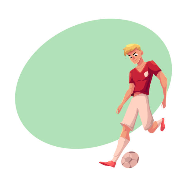przystojny blond piłka nożna, piłkarz w mundurze drybling piłkę - soccer ball running sports uniform red stock illustrations