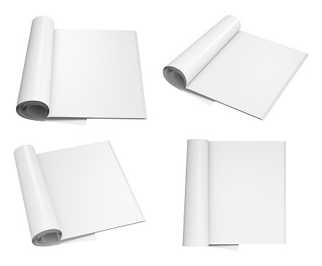 Set of different views of blank white magazine with glossy paper on white background. 3d illustration